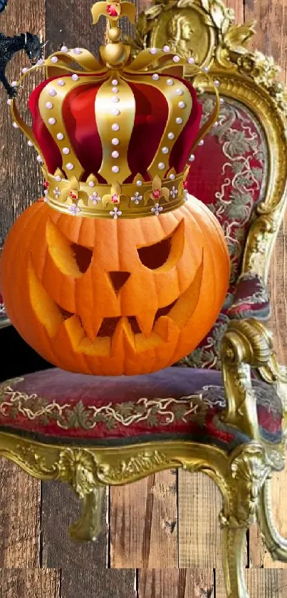 Crowned pumpkin on ornate throne with wooden background.