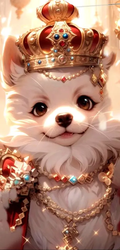 Charming regal puppy with a crown and jewels in royal setting.