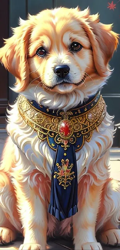 Cute puppy with ornate gold collar sitting on stone pathway.