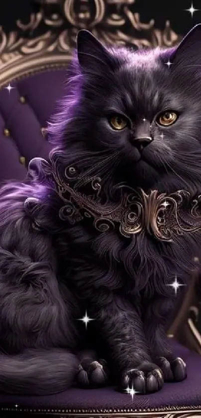 Majestic purple cat on ornate throne with golden eyes.