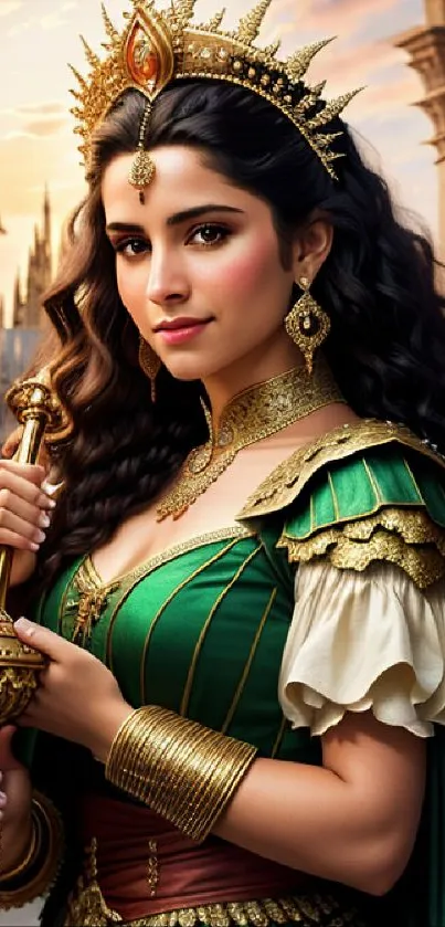 Majestic queen in green attire holding a scepter in a fantasy setting.