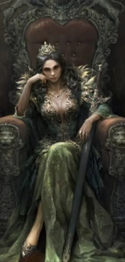 Regal queen sitting on a throne, surrounded by medieval decor.