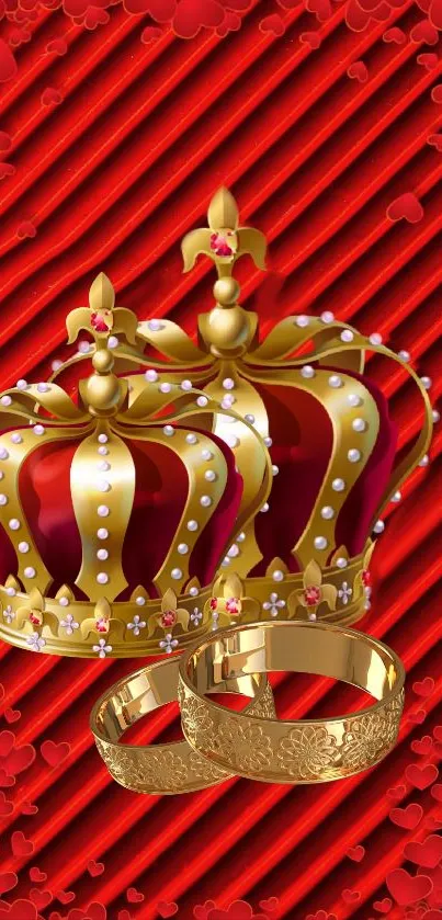 Red wallpaper with ornate golden crowns and rings.