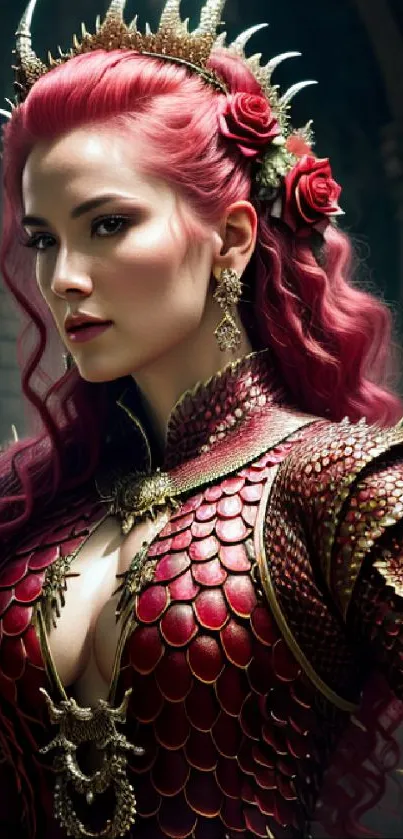 Red-haired lady in dragon armor with roses and intricate details.