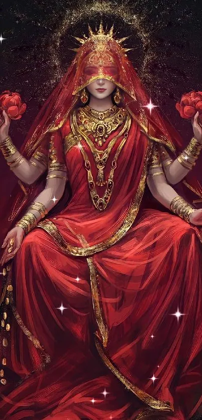 Goddess in red dress with gold jewelry, exuding elegance and mystique.