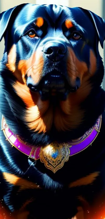 Majestic Rottweiler with a vibrant collar on a phone wallpaper.