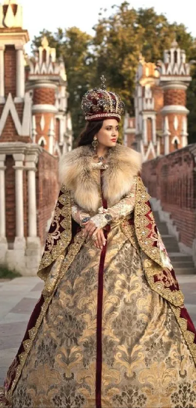 Regal royalty figure in ornate attire with historical architecture in the background.