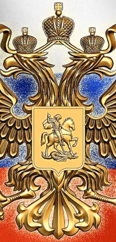 Gold Russian eagle emblem with red, white, and blue background.