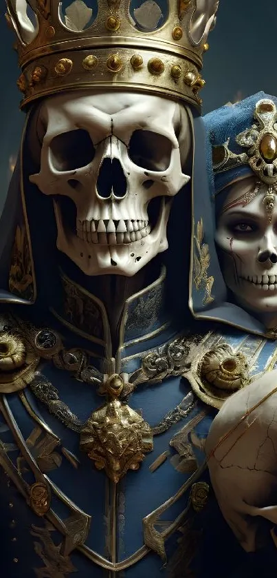 Skeleton king and queen in regal attire with crowns in dark gothic setting.