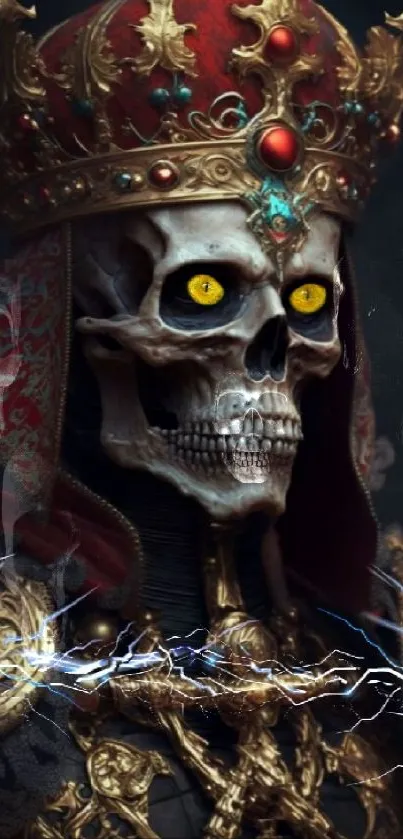 A regal skeleton in ornate crown with glowing eyes, surrounded by golden details.