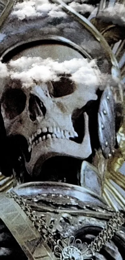 Ornate skull art with regal design and dark gold tones.
