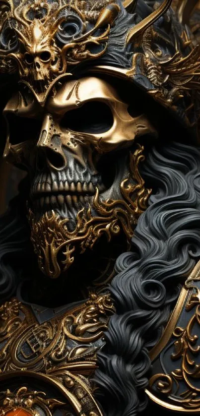 Intricate gold skull design with dark flowing background.