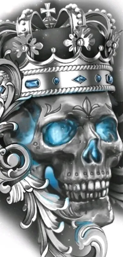 Intricate skull with a crown featuring silver and blue accents on a mobile wallpaper.