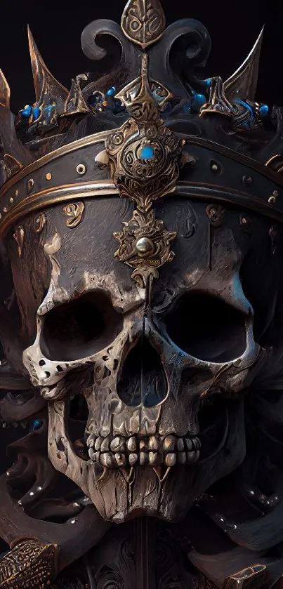 Regal skull with ornate crown and dark background.