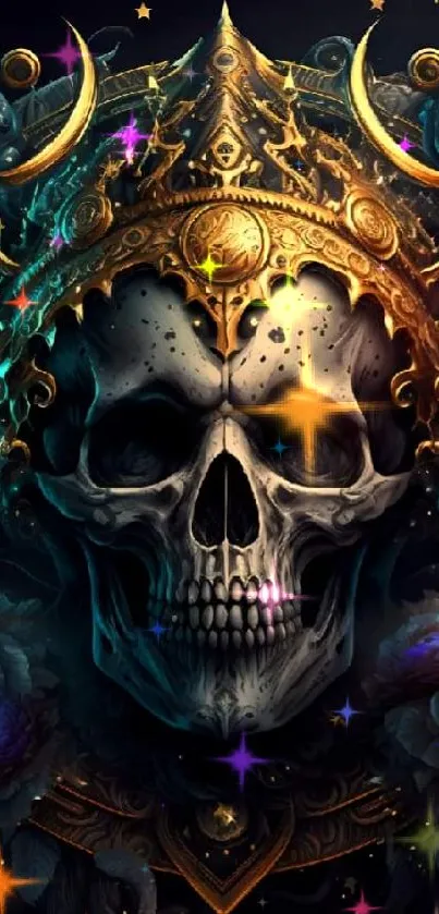 Intricate skull with golden crown in gothic style on a black background.