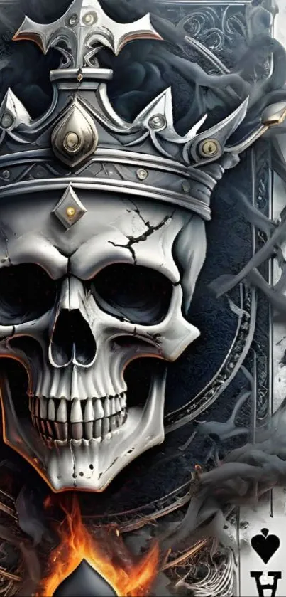 Skull adorned with a regal crown over cards.