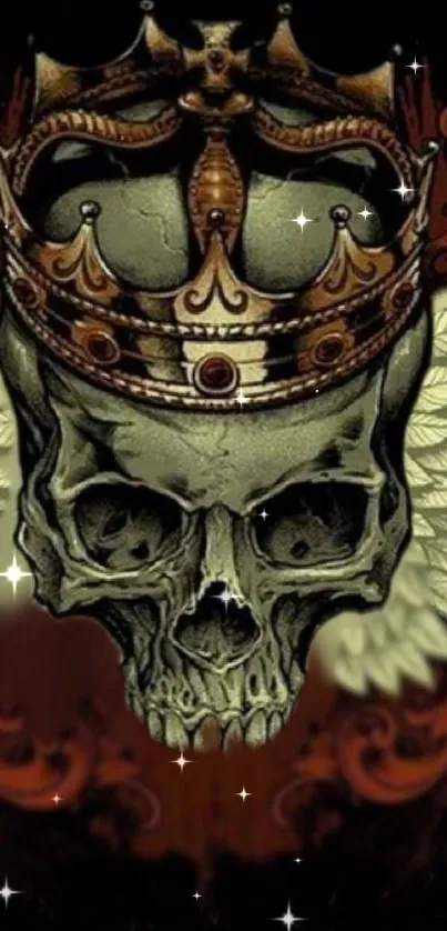 A regal skull with wings, adorned with a crown, in dark brown tones.