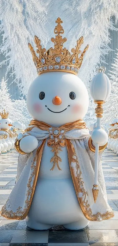 Regal snowman with crown in a winter wonderland setting.