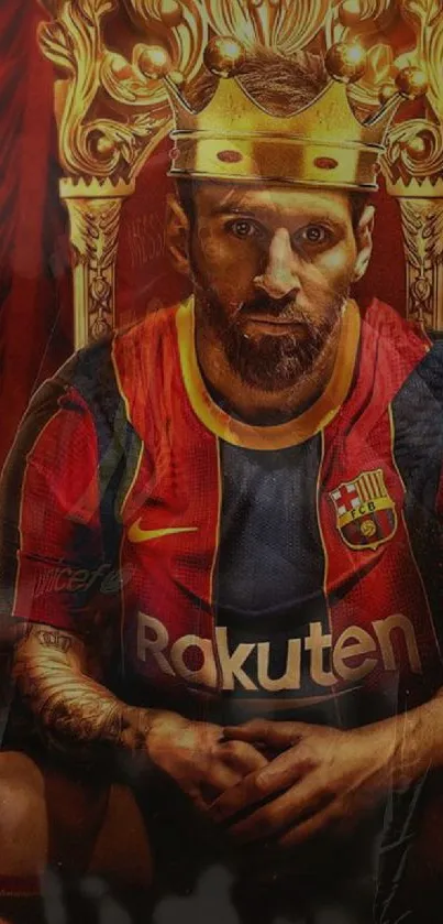 Soccer legend wearing a crown on a throne, vibrant wallpaper design.