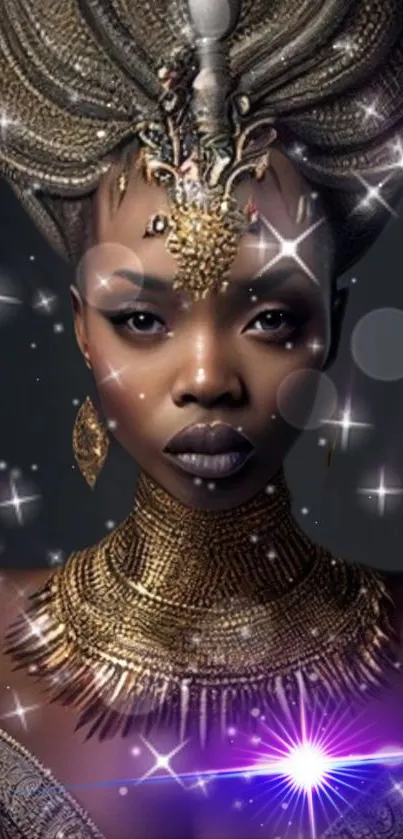 A regal figure with golden jewelry and a starry background.