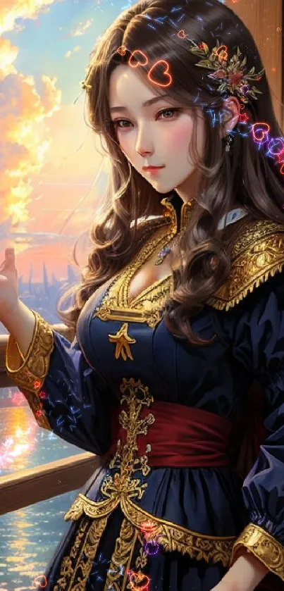 Regal woman in elegant dress at sunset with vibrant golden hues.