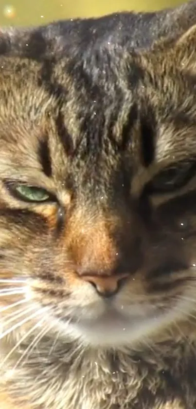 Closeup of a regal tabby cat with striking green eyes and detailed fur pattern.