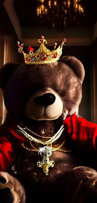 Teddy bear with crown on royal throne, elegant wallpaper art.