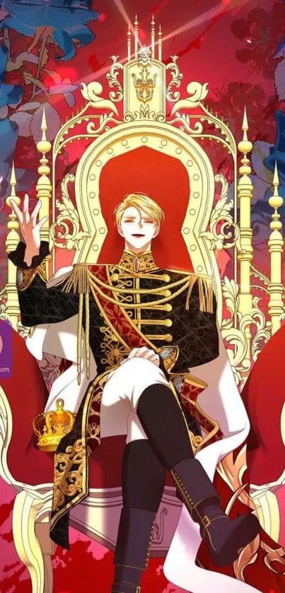 Regal king seated on a decorative throne with vibrant red and blue colors.