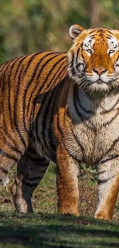 Majestic tiger standing in lush green jungle setting.