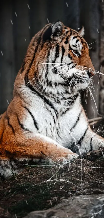 Majestic tiger resting in a lush forest setting with vibrant orange and black stripes.