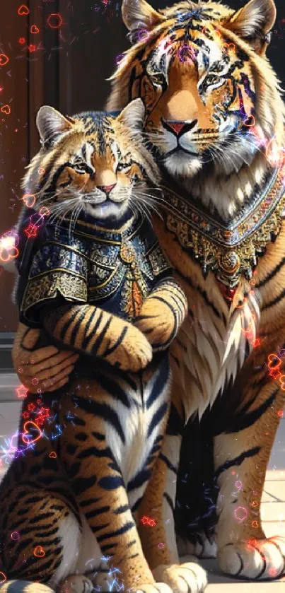 Tigers in regal armor posing in artistic style.