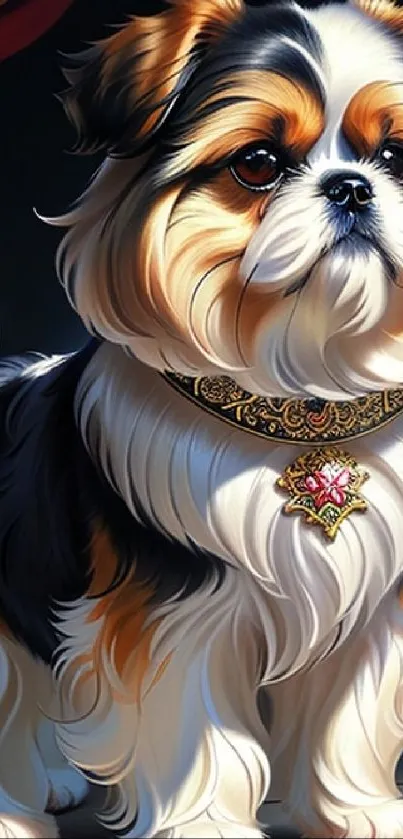 Regal tri-color dog illustration with ornate collar in digital art style.