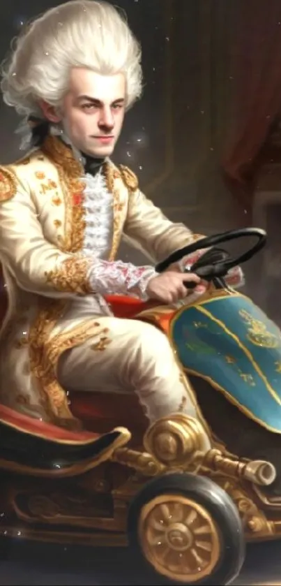 Vintage art wallpaper with regal figure in ornate attire driving a cart.