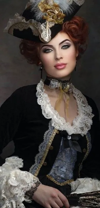 Elegant vintage woman in historical attire with intricate details.