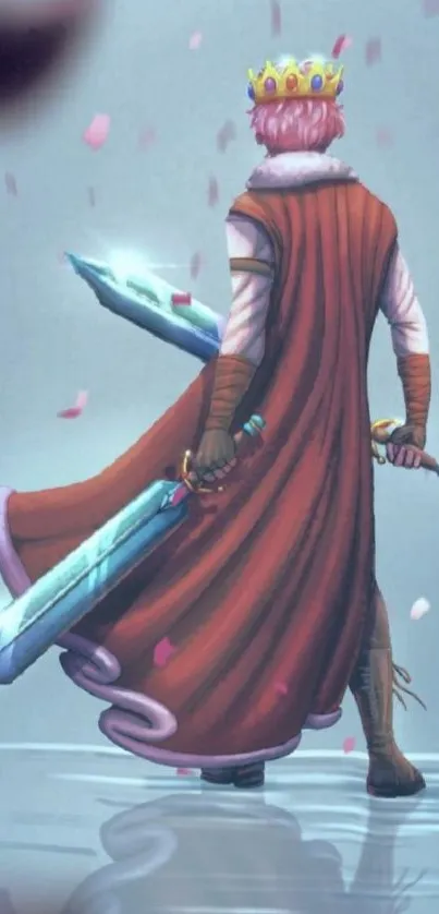 Fantasy warrior with swords and crown in vivid red cape.