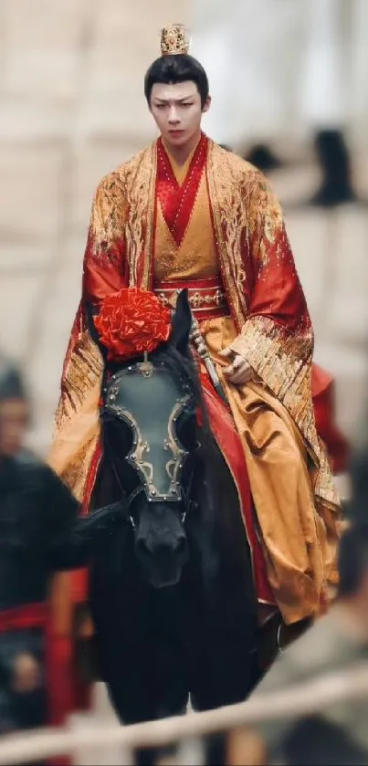 A royal warrior in golden attire on a black horse, evoking historical grandeur.