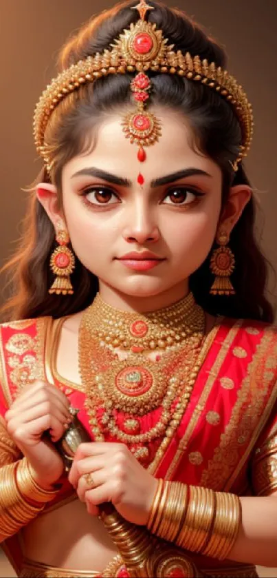 Regal warrior princess in traditional attire with gold jewelry in vibrant red.