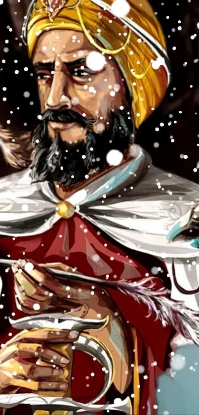 Regal warrior portrait in snowy digital artwork.