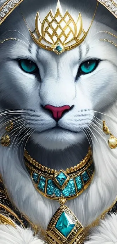 Regal white lion with turquoise jewelry and golden crown.