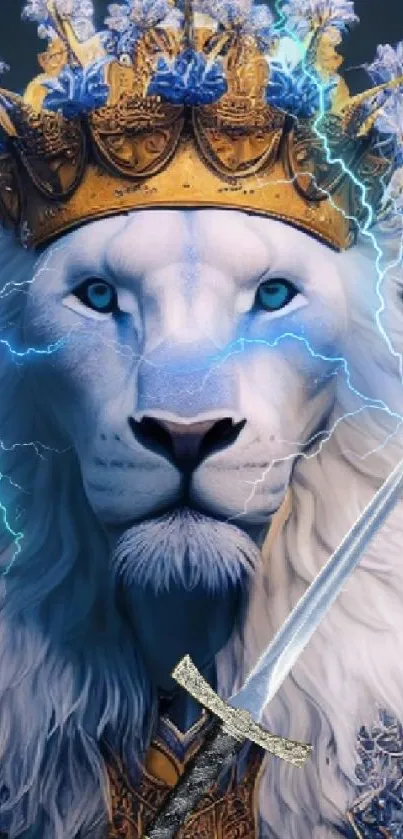 Fantasy art of a regal white lion with a crown and mystical energy.