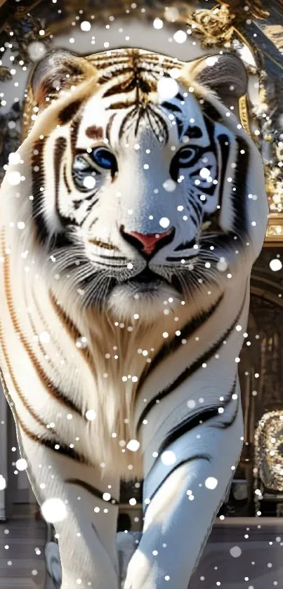 Majestic white tiger walking in a luxurious palace.
