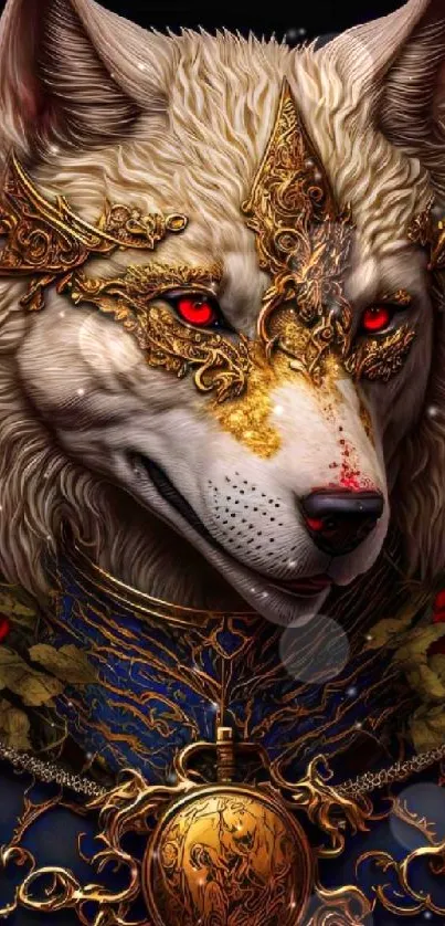 Ornate wolf with golden armor and red roses on black background.