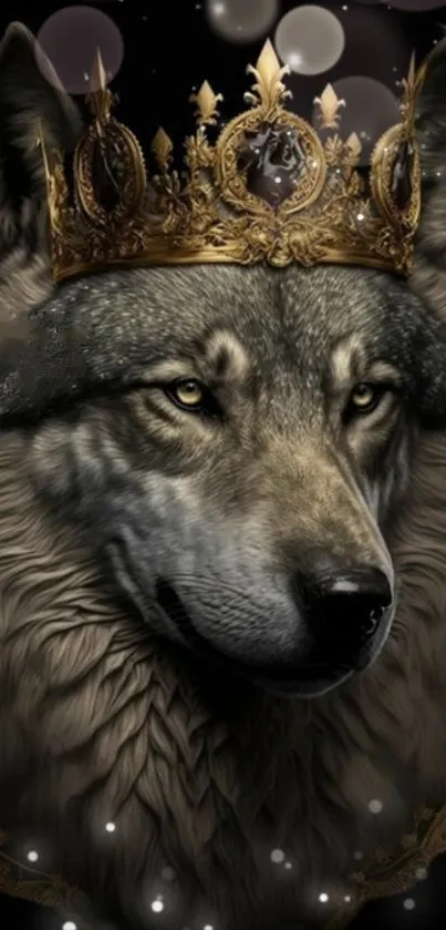 A regal wolf with a golden crown on a dark background.