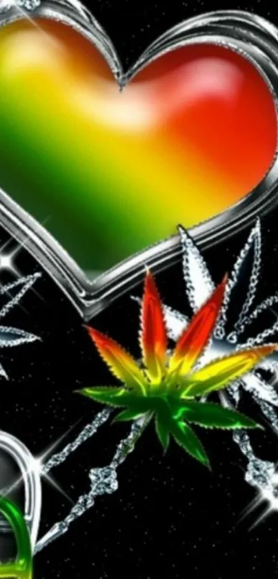 Reggae heart with colorful cannabis leaves and silver accents on a black background.