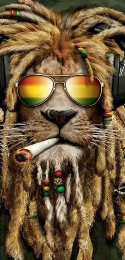 Reggae-themed lion with dreadlocks and sunglasses, wearing headphones.