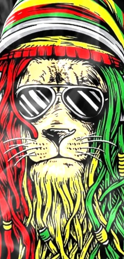 Reggae lion with sunglasses in vibrant colors.