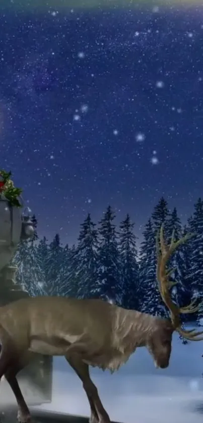 Reindeer beside a train under a starlit winter sky in a snowy forest.