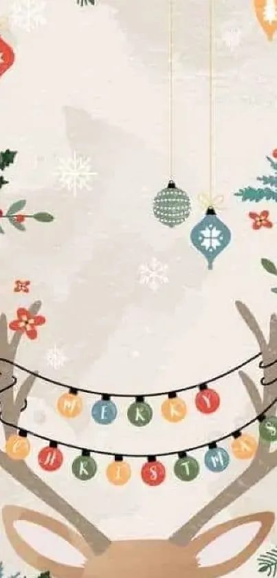 Christmas reindeer wallpaper with ornaments and festive cheer.