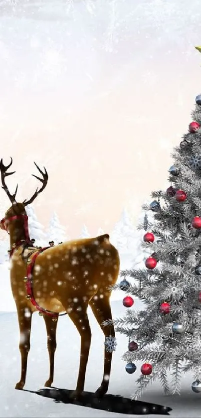 Reindeer standing beside decorated Christmas tree in snowy landscape.