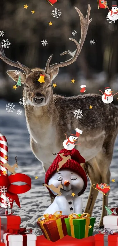 Festive reindeer and snowman with gifts mobile wallpaper.